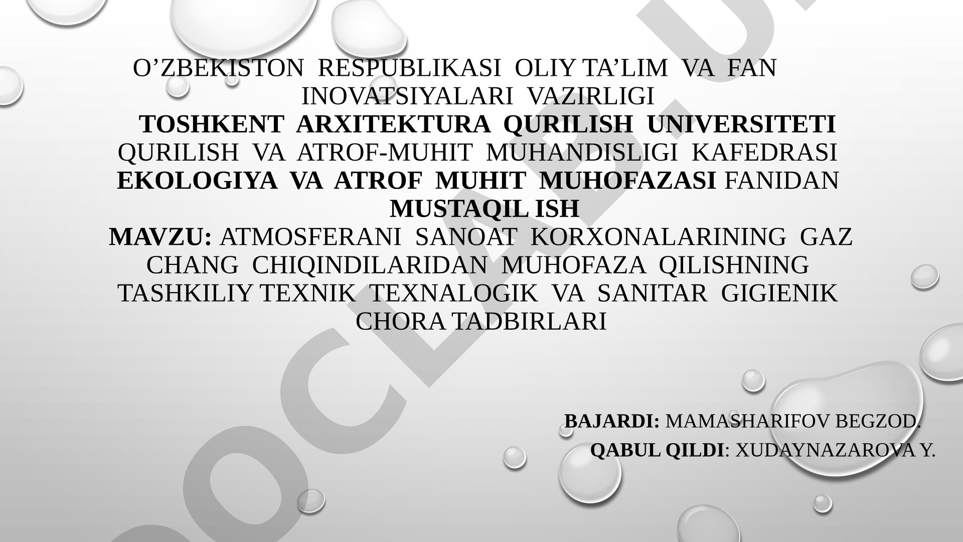 ATMOSFERANI SANOAT KORXONALARINING GAZ CHANG CHIQINDILARIDAN MUHOFAZA QILISHNING TASHKILIY TEXNIK TEXNALOGIK VA SANITAR GIGIENIK CHORA TADBIRLARI