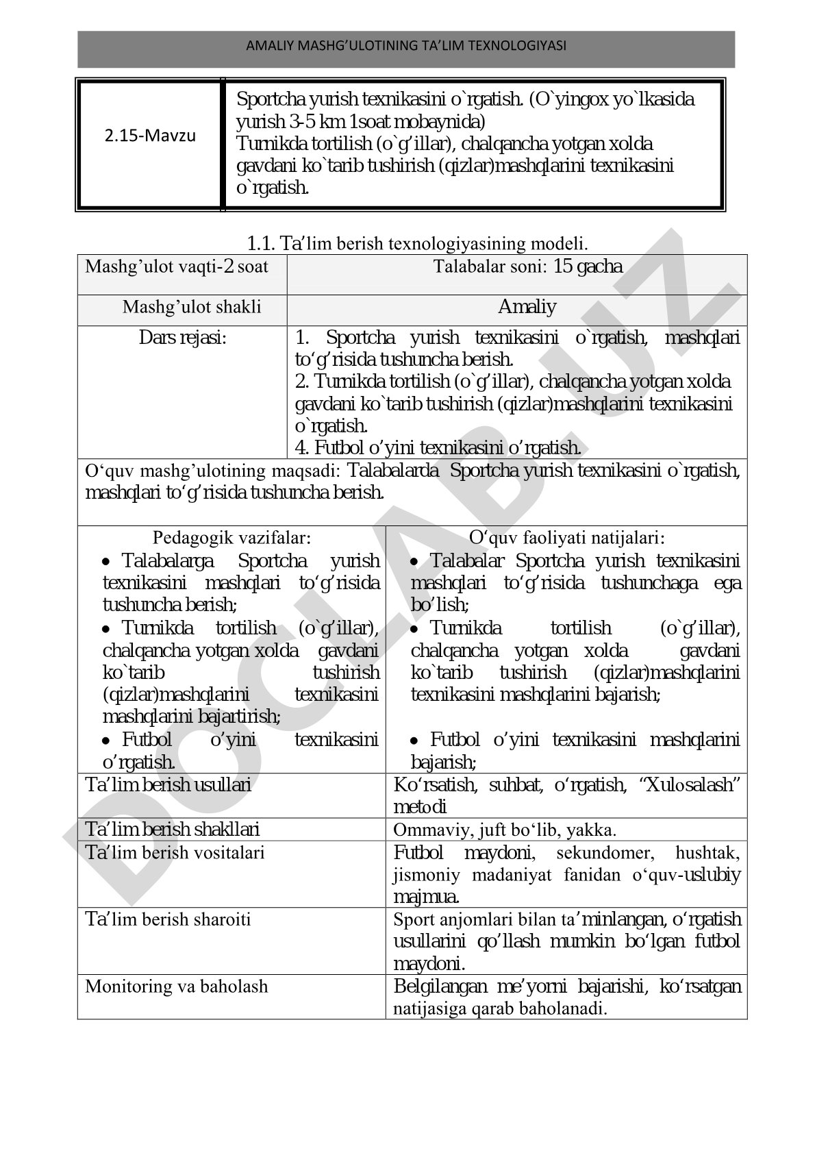 Sportcha yurish va futbol o'yini texnikasini o'rgatish