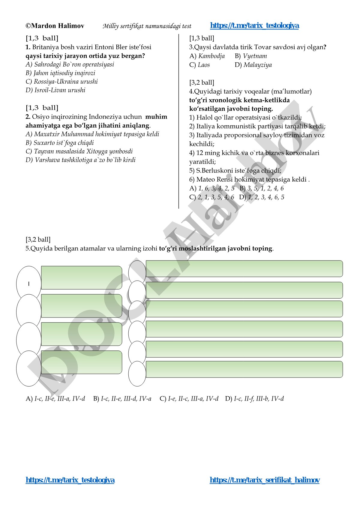 Tarix fanidan milliy sertifikat testi