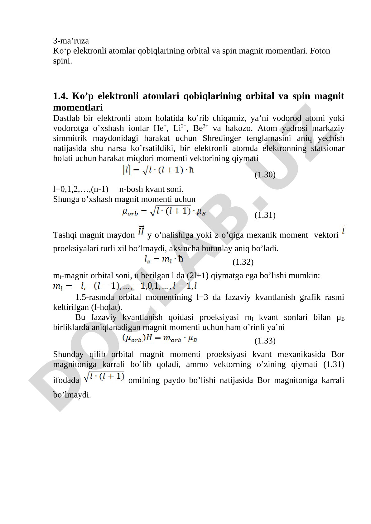 Ko‘p elektronli atomlar qobiqlarining orbital va spin magnit momentlari