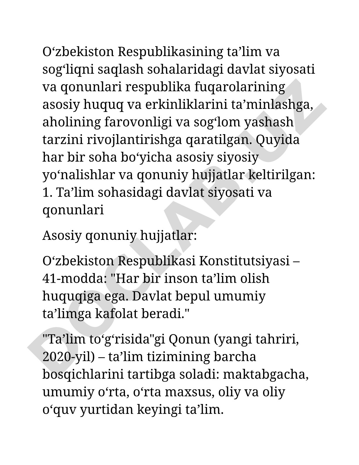 Oʻzbekiston Respublikasining taʼlim va sogʻliqni saqlash sohalaridagi davlat siyosati va qonunlari
