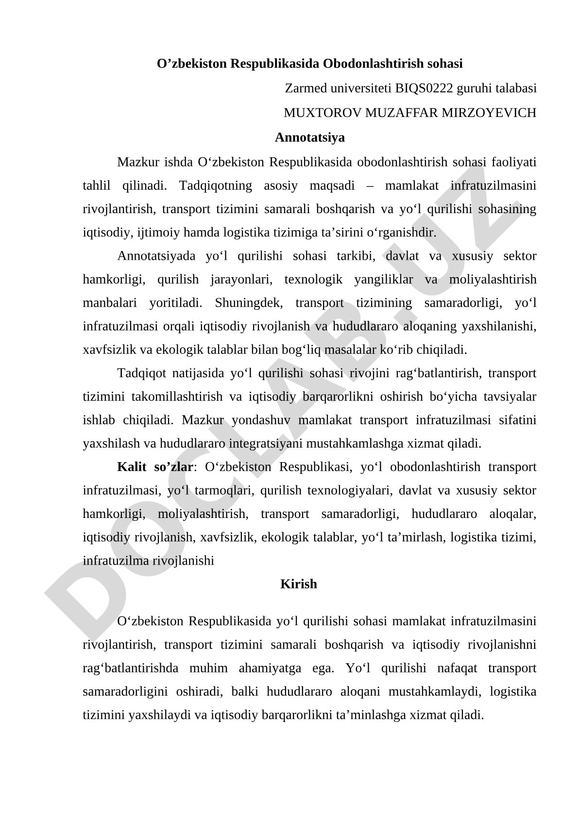 O’zbekiston Respublikasida Obodonlashtirish sohasi