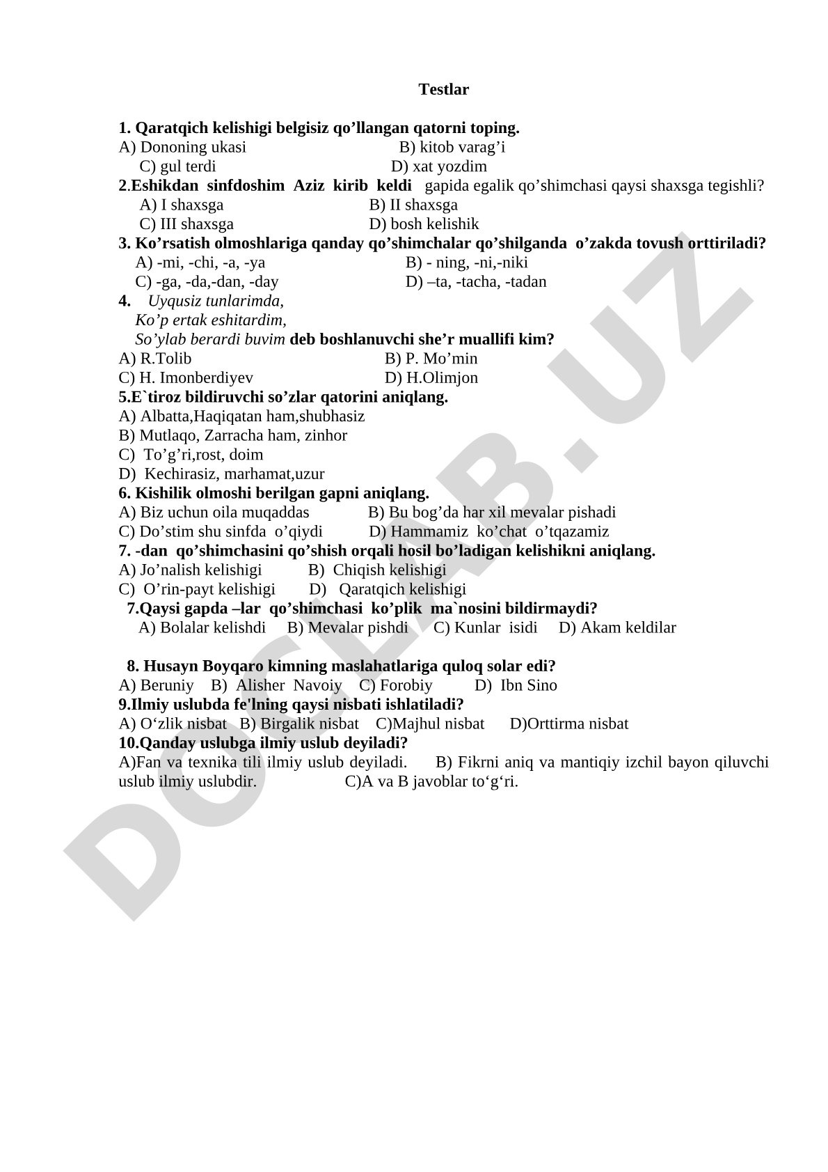 Ona tili fanidan test savollari