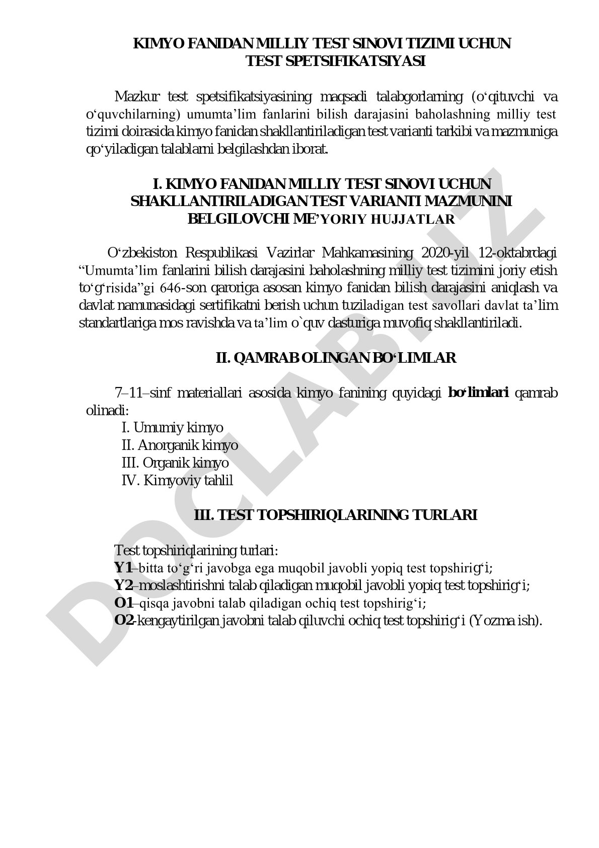 Kimyo fanidan milliy test sinovi tizimi uchun test spetsifikatsiyasi