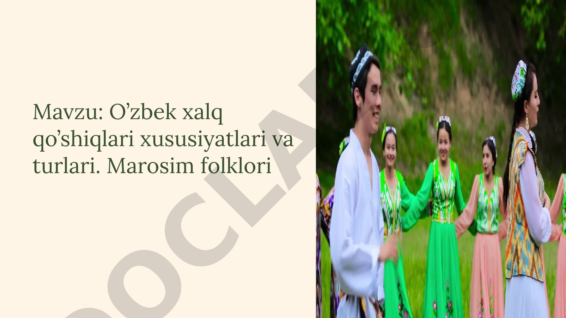 O'zbek xalq qo'shiqlari xususiyatlari va turlari. Marosim folklori