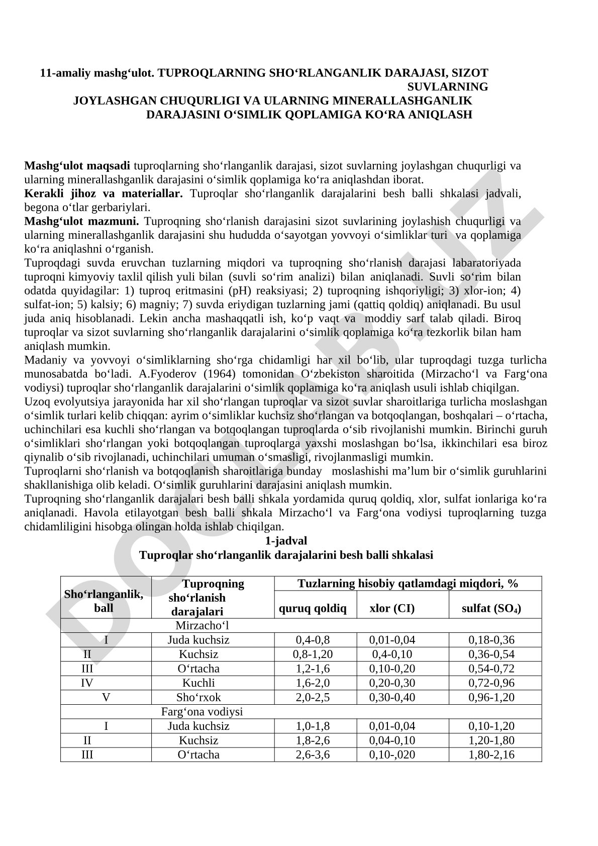 Tuproqlarning sho‘rlanganlik darajasi, sizot suvlari chuqurligi va minerallashganlik darajasini o‘simlik qoplamiga ko‘ra aniqlash