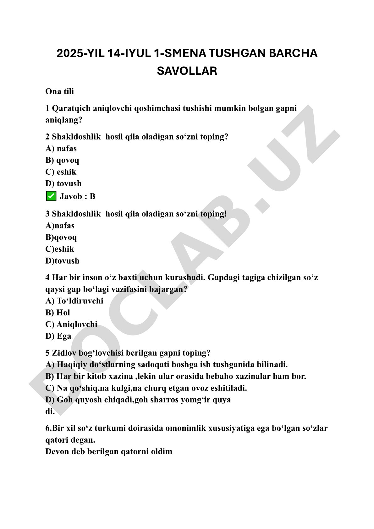 2025-yil 14-iyul 1-smena tushgan barcha savollar