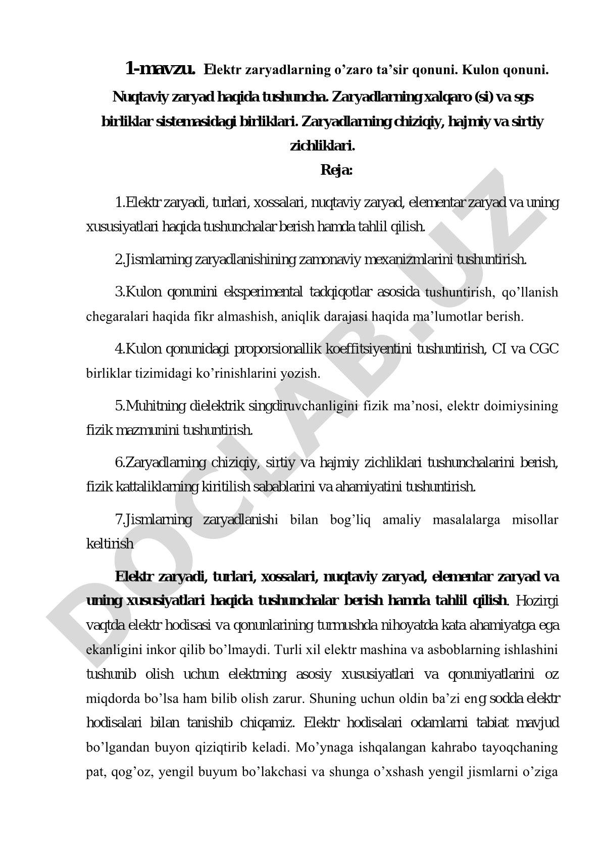 Elektr zaryadlarning o’zaro ta’sir qonuni. Kulon qonuni