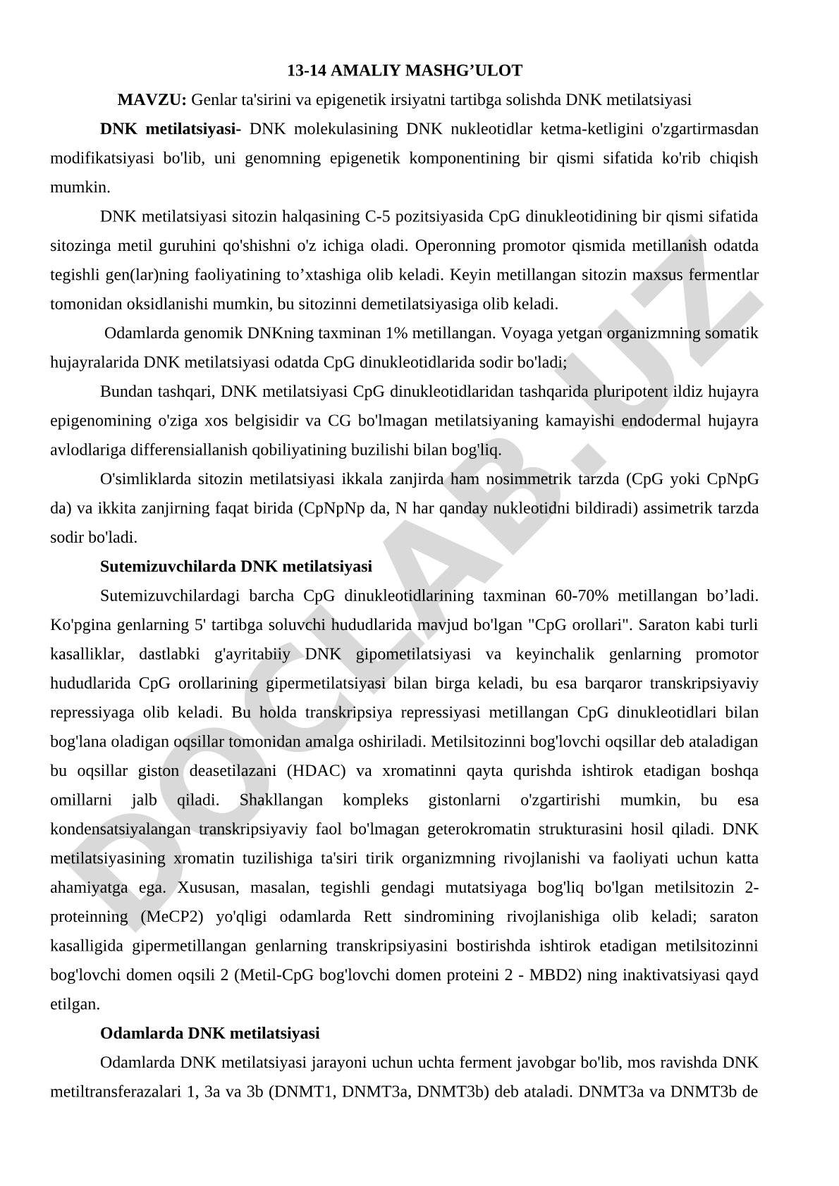 Genlar ta'sirini va epigenetik irsiyatni tartibga solishda DNK metilatsiyasi