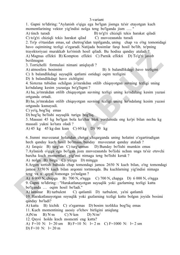 Fizika fanidan test savollari va javoblari