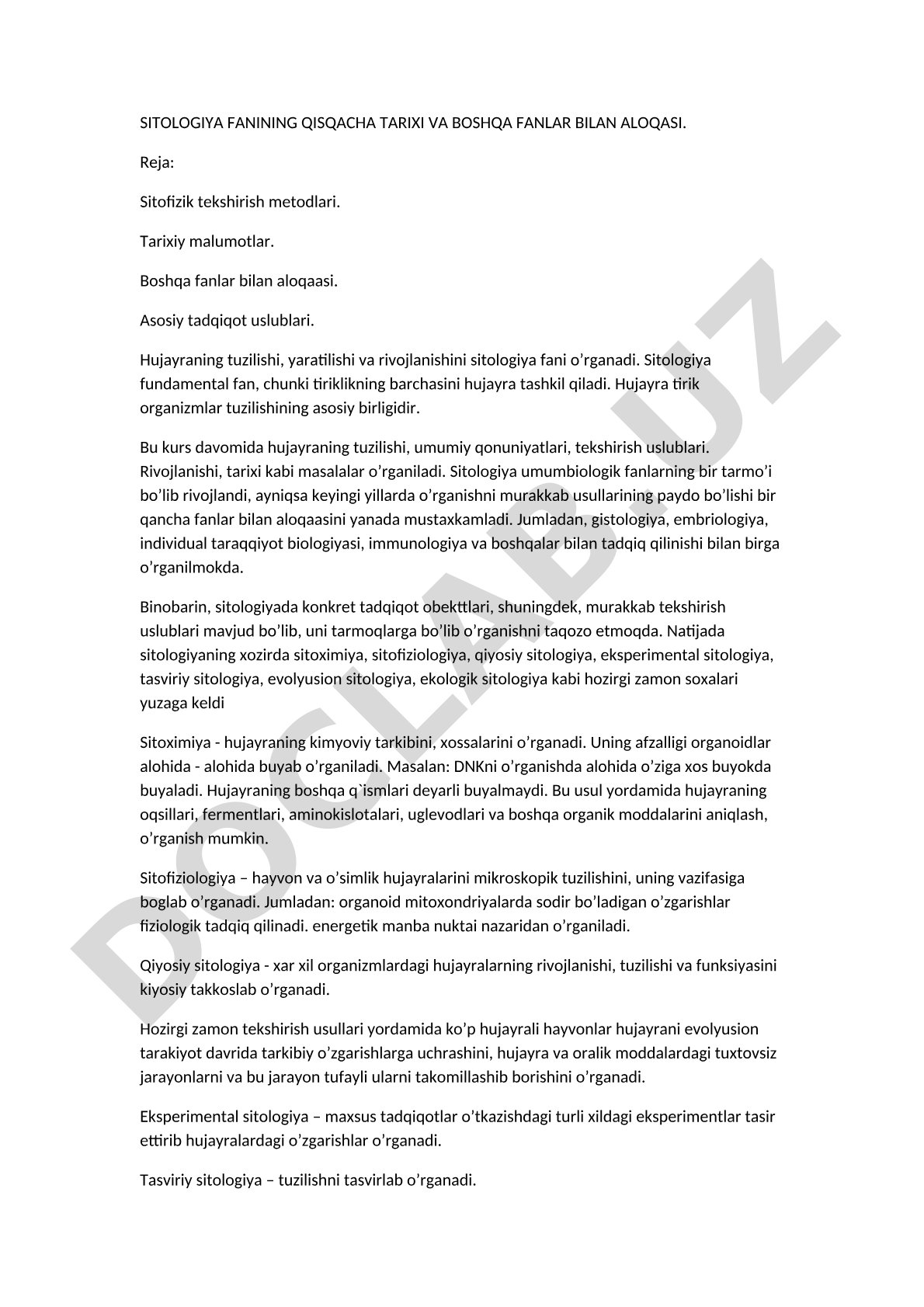 SITOLOGIYA FANINING QISQACHA TARIXI VA BOSHQA FANLAR BILAN ALOQASI