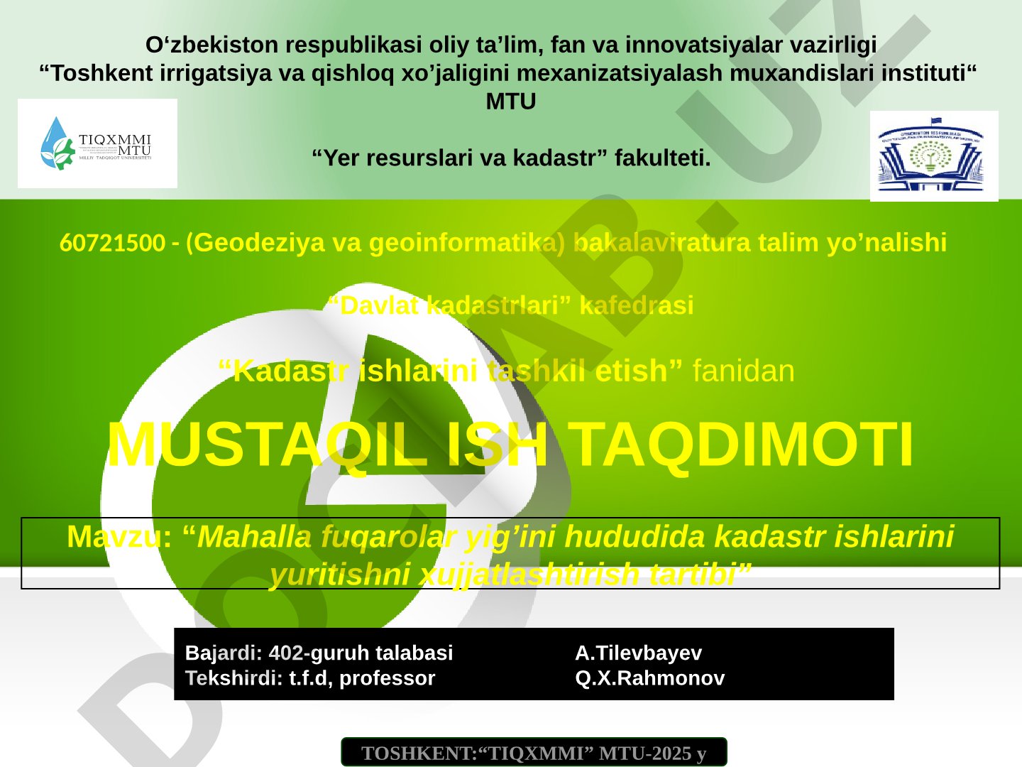 Mahalla fuqarolar yig'ini hududida kadastr ishlarini yuritishni xujjatlashtirish tartibi