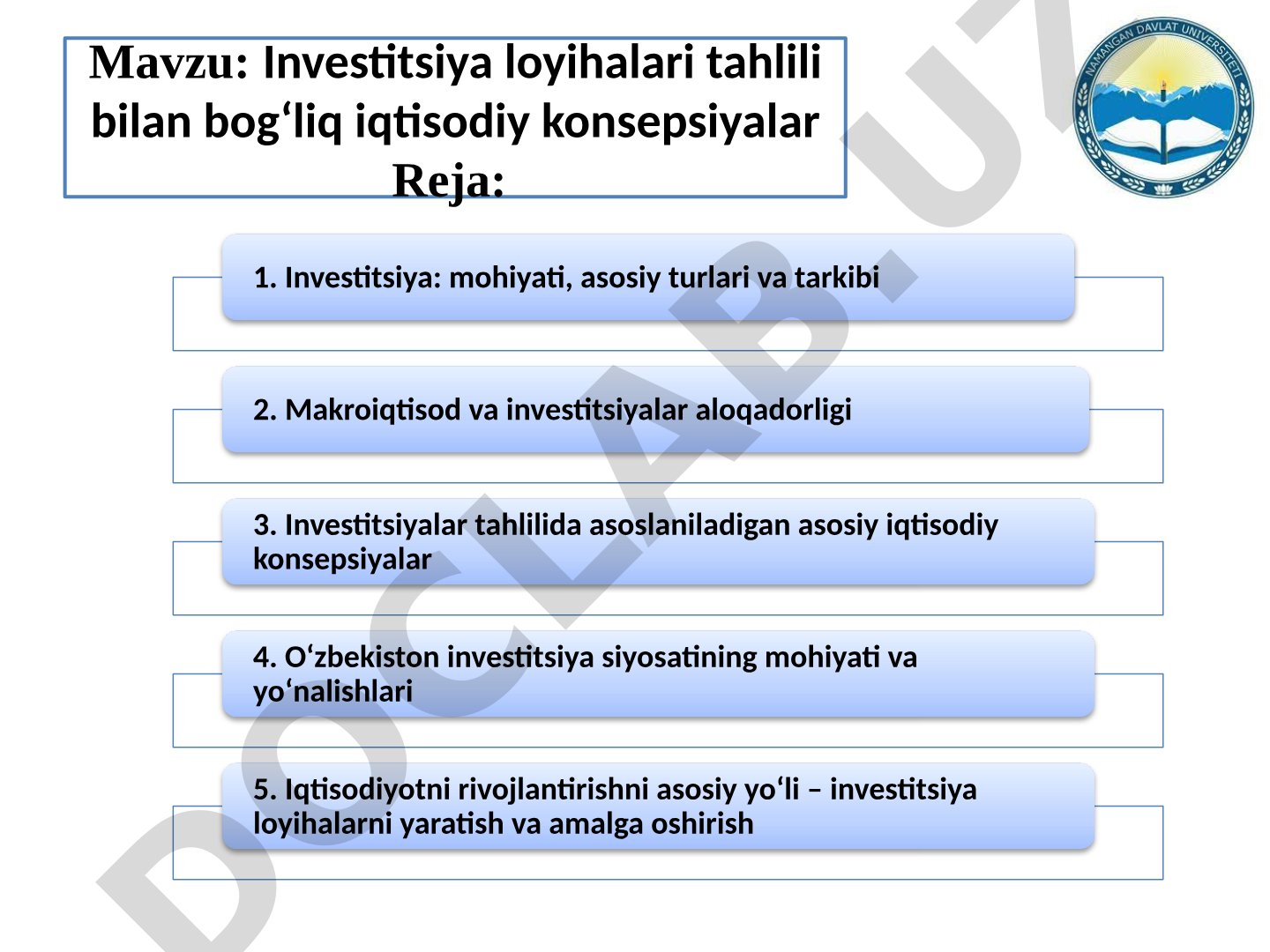 Investitsiya loyihalari tahlili bilan bog‘liq iqtisodiy konsepsiyalar