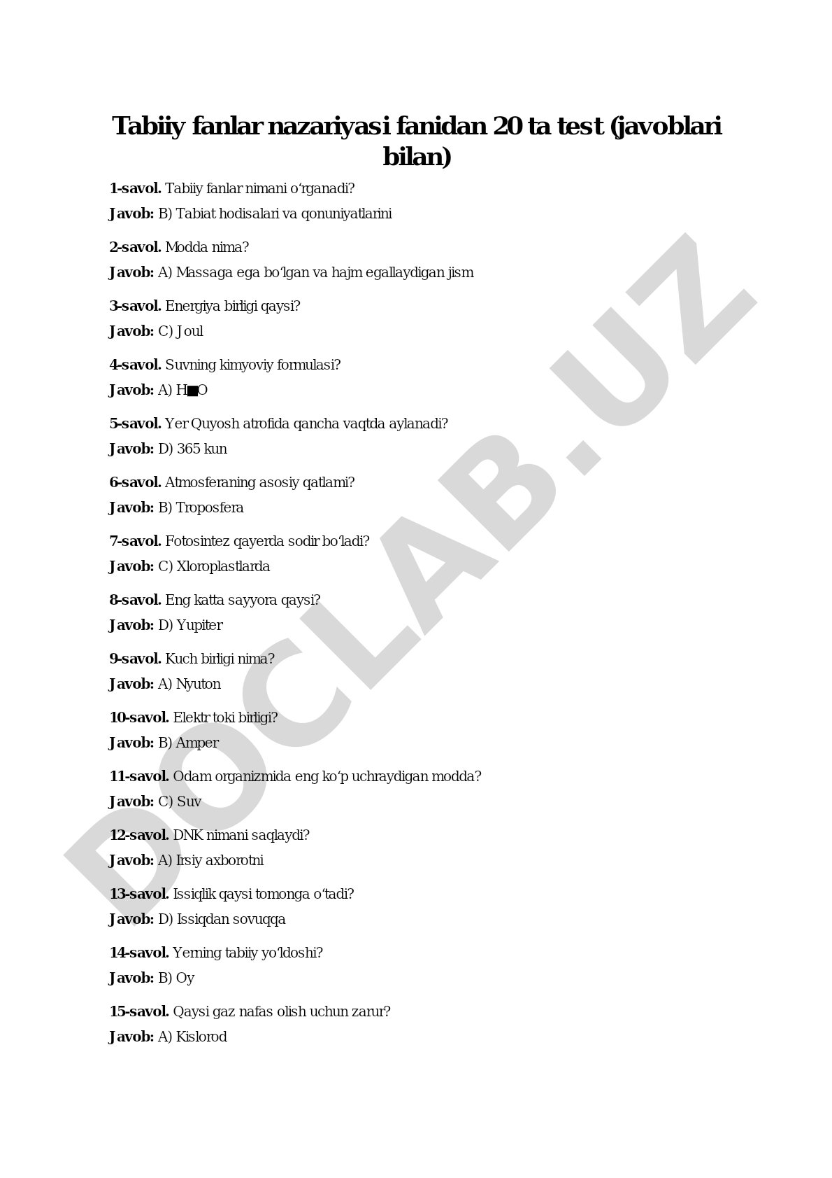 Tabiiy fanlar nazariyasi 20 ta test javoblari bilan
