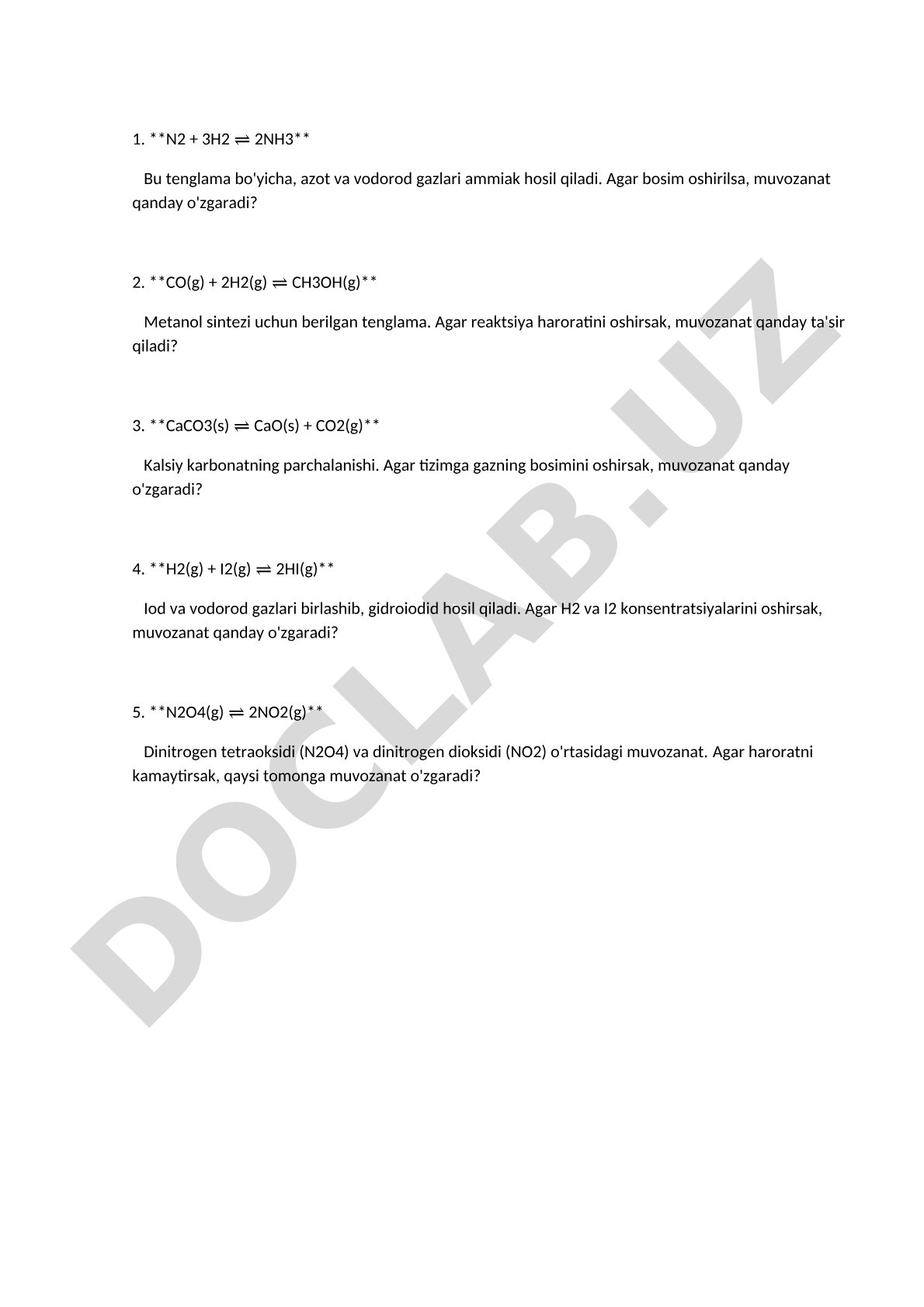 Kimyoviy muvozanatga ta'sir etuvchi omillar