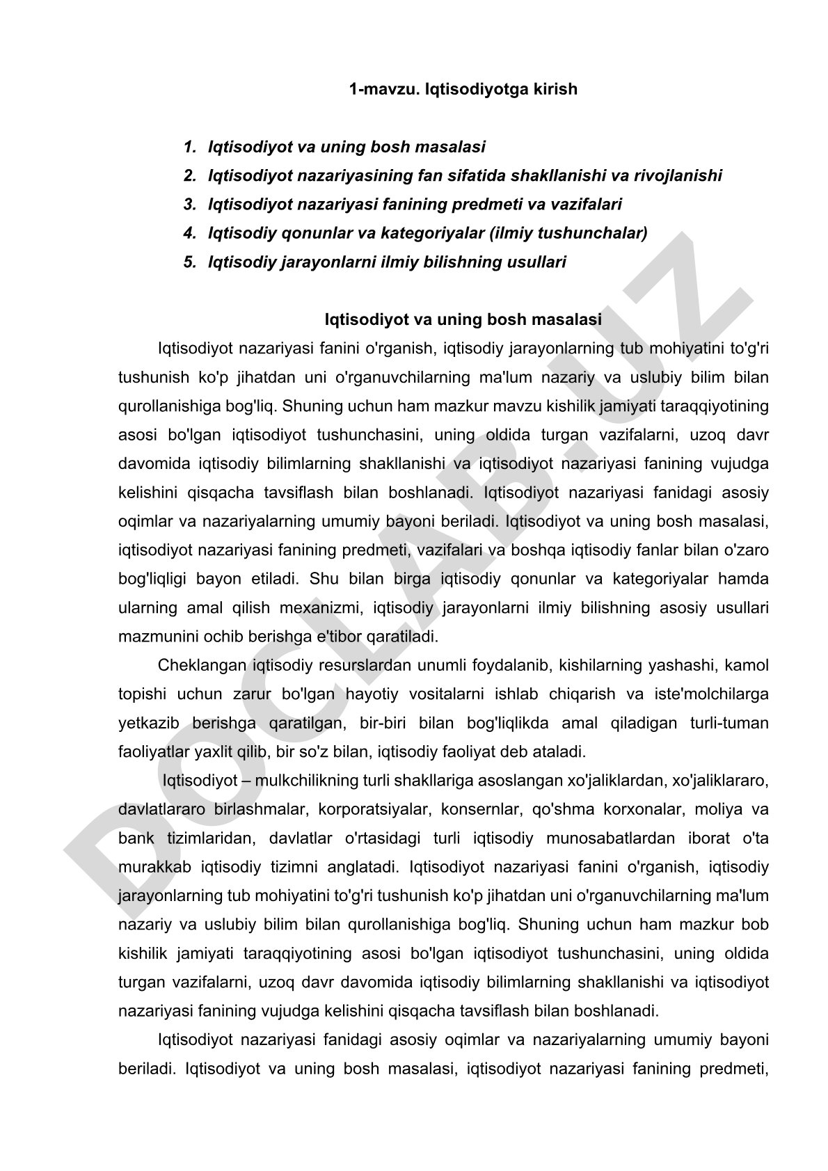 Iqtisodiyotga kirish mavzusida iqtisodiy nazariya asoslari, qonunlar va usullar