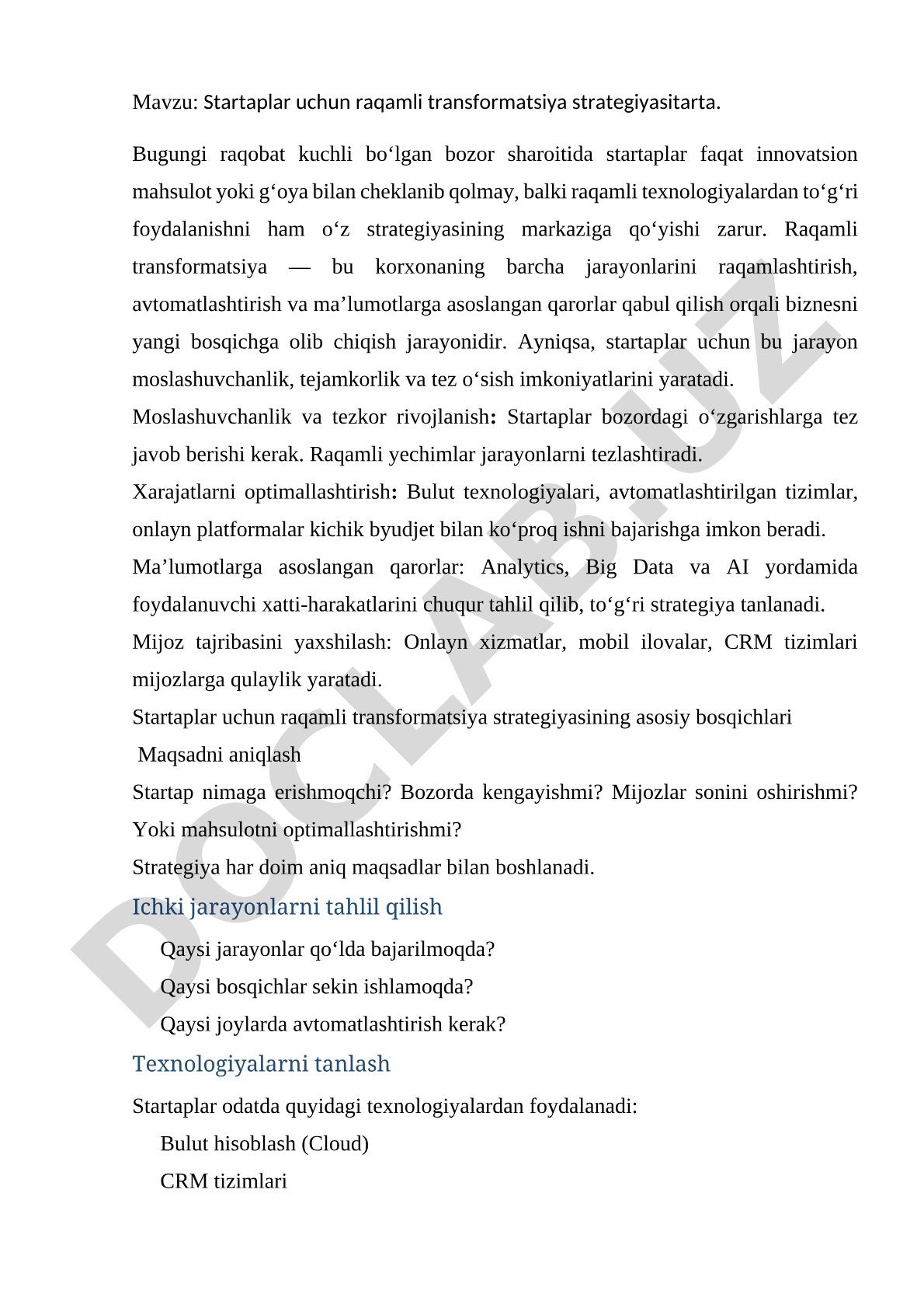 Startaplar uchun raqamli transformatsiya strategiyasi