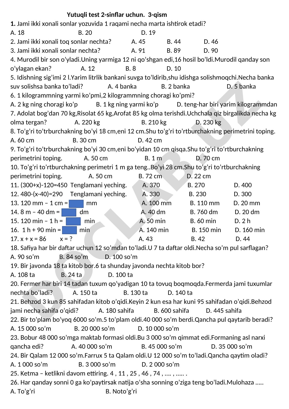 Yutuqli test 2-sinflar uchun 3-qism