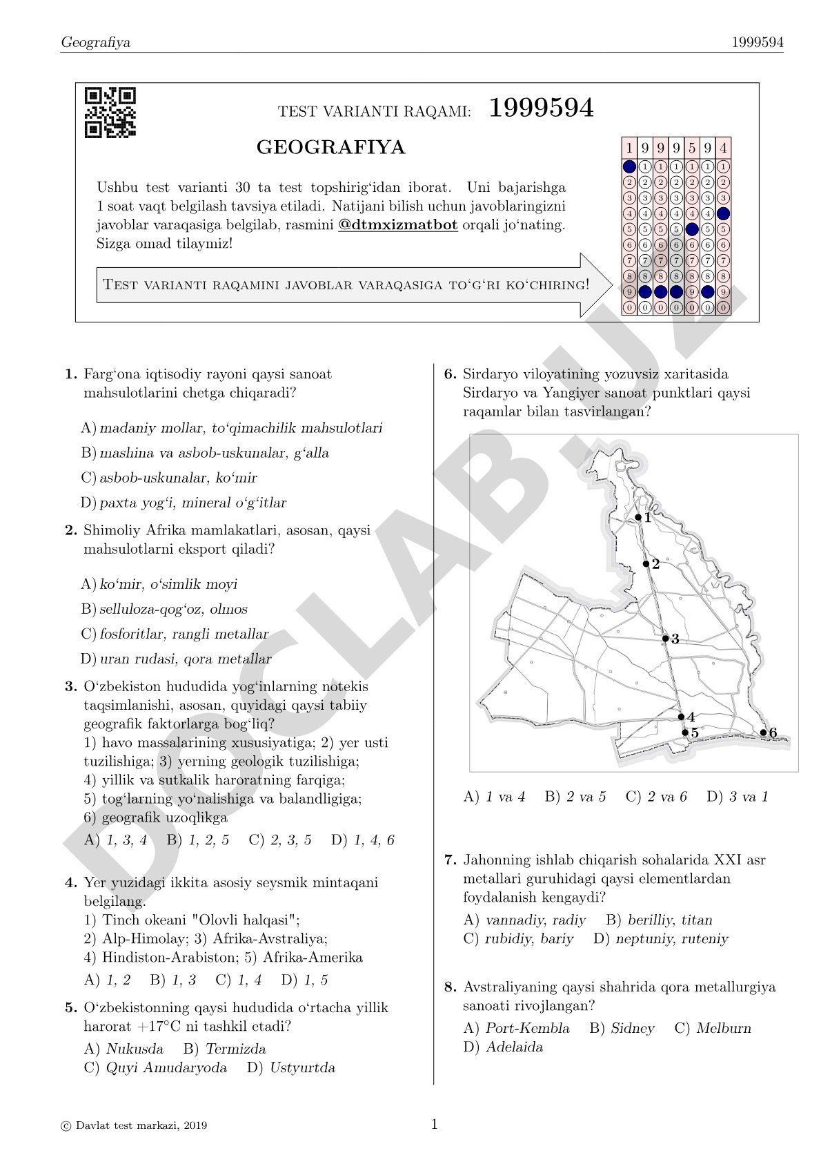 Geografiya fanidan test varianti