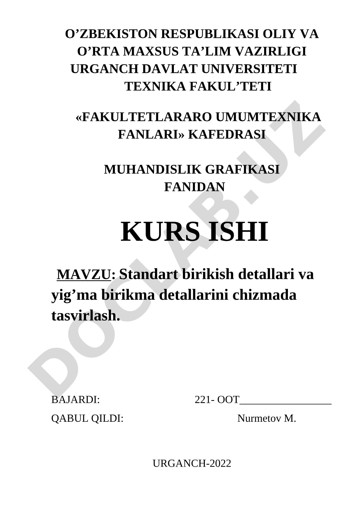 Standart birikish detallari va yig'ma birikma detallarini chizmada tasvirlash