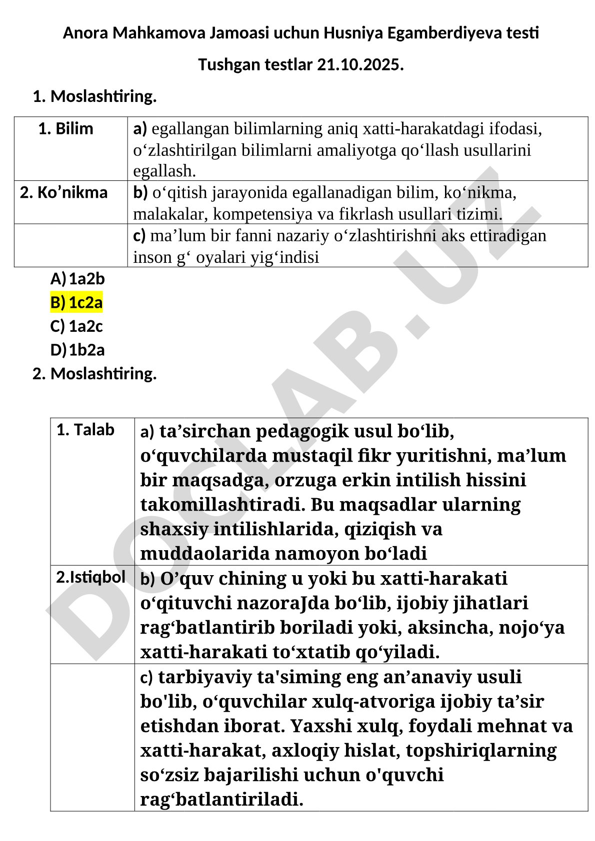 Pedagogik tushunchalar bo'yicha test savollari