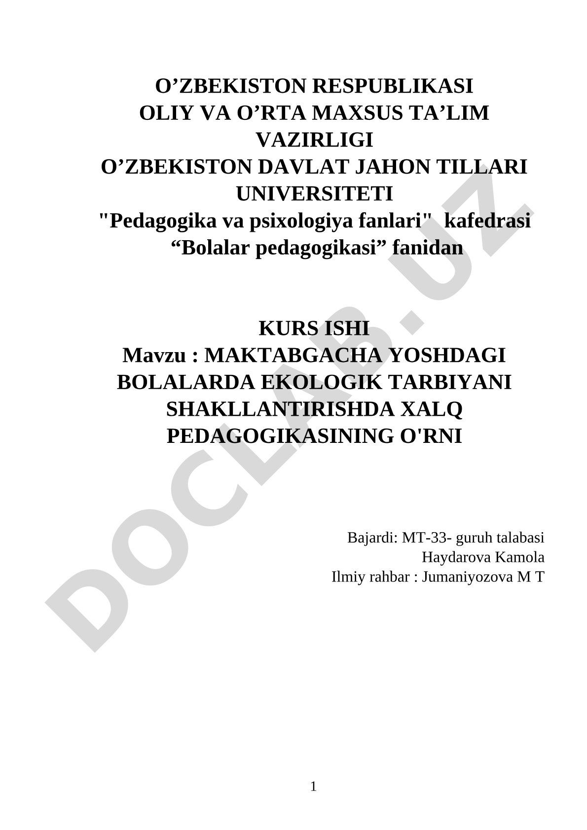 Maktabgacha yoshdagi bolalarda ekologik tarbiyani shakllantirishda xalq pedagogikasining o'rni