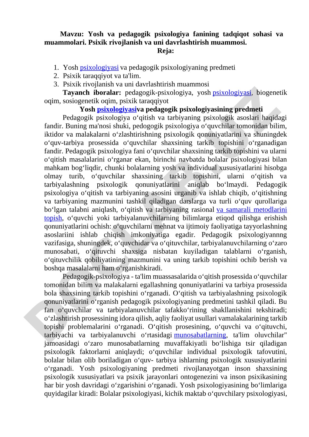 Yosh va pedagogik psixologiya fanining tadqiqot sohasi va muammolari