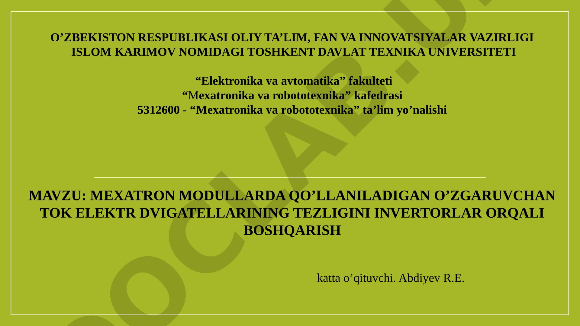 Mexatron modullarda qo'llaniladigan o'zgaruvchan tok elektr dvigatellarining tezligini invertorlar orqali boshqarish
