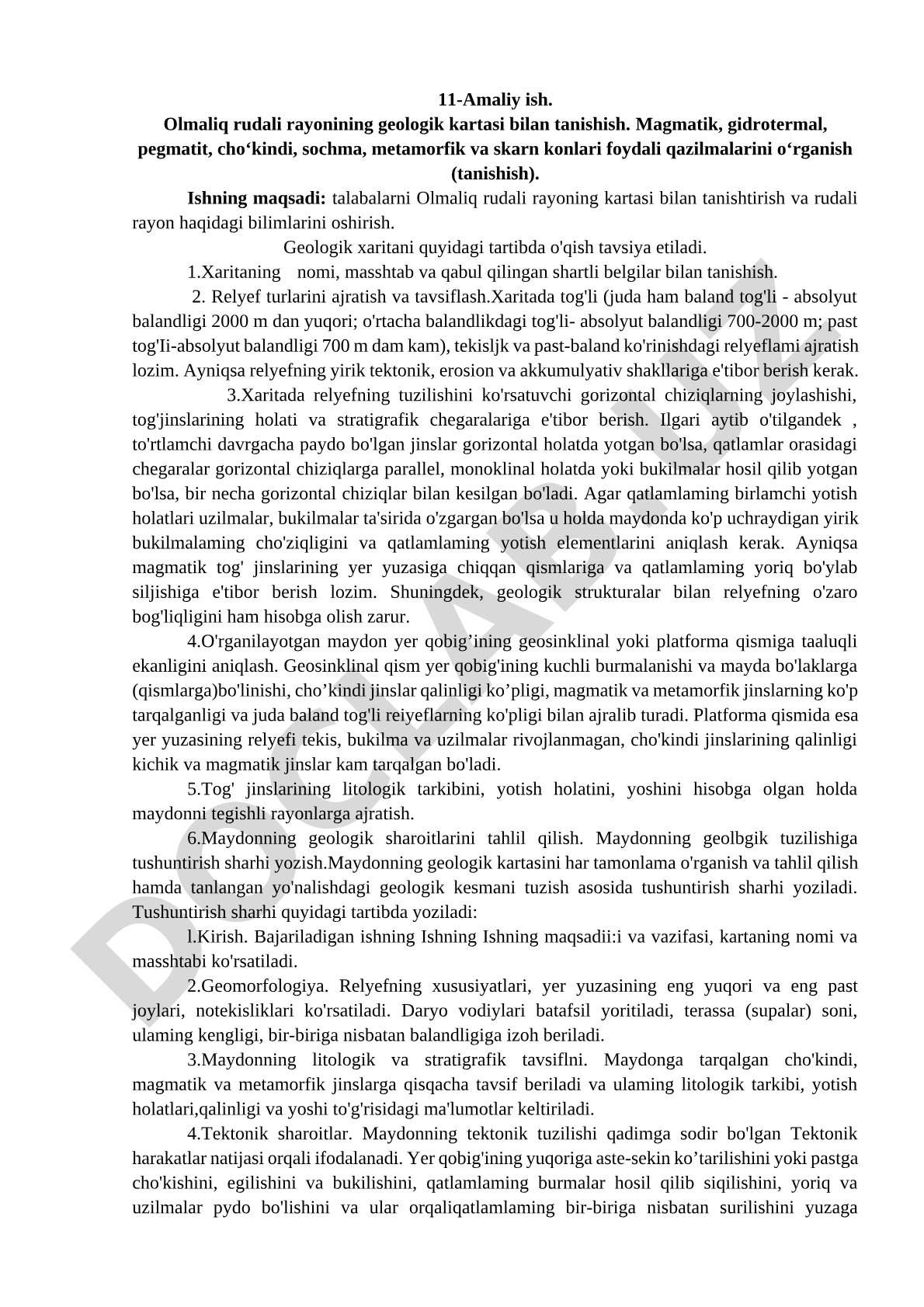 Olmaliq rudali rayonining geologik kartasi bilan tanishish