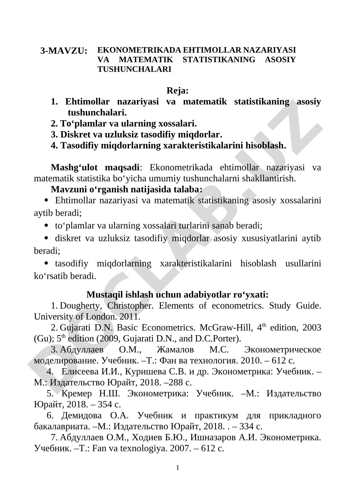 Ekonometrikada ehtimollar nazariyasi va matematik statistikaning asosiy tushunchalari