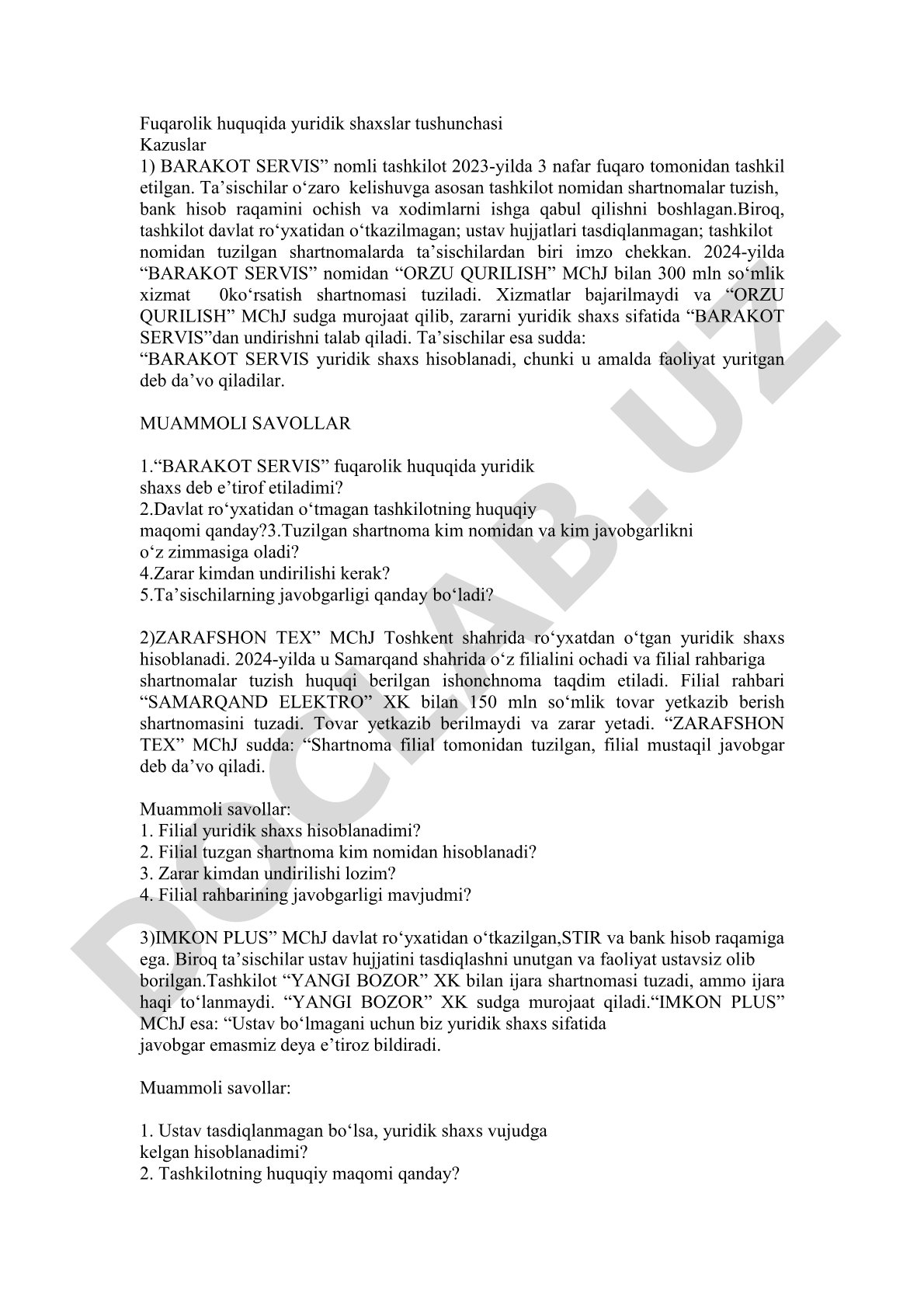 Fuqarolik huquqida yuridik shaxslar tushunchasi kazuslar