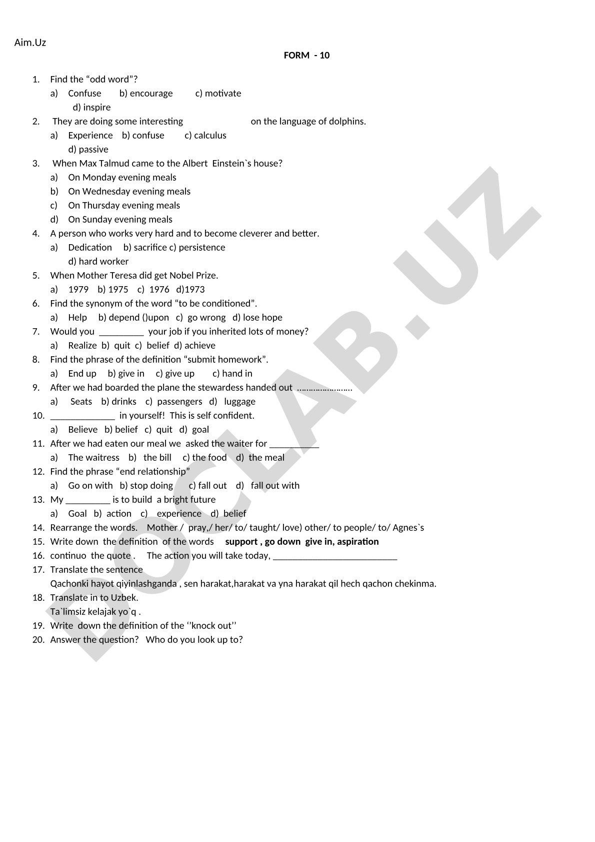 English Test: Vocabulary, Synonyms and Phrasal Verbs