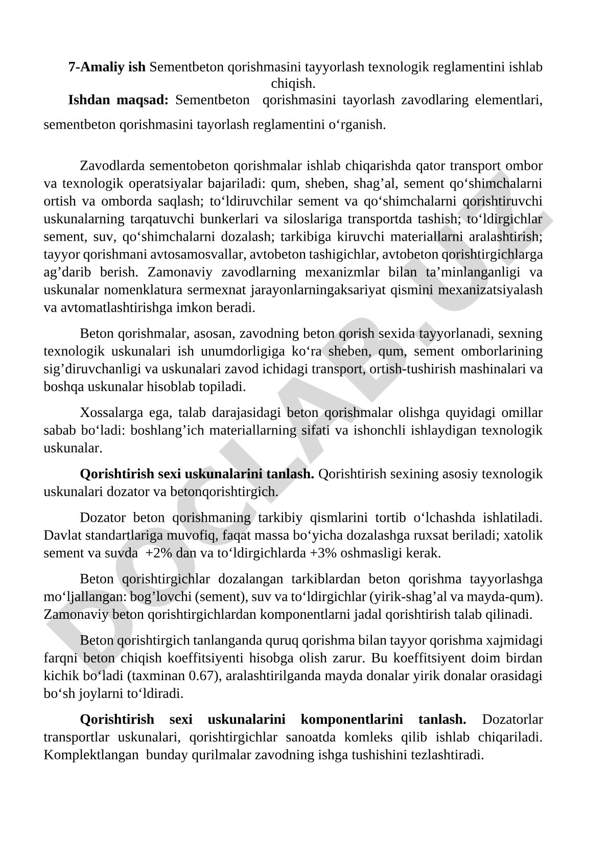 Sementbeton qorishmasini tayyorlash texnologik reglamentini ishlab chiqish