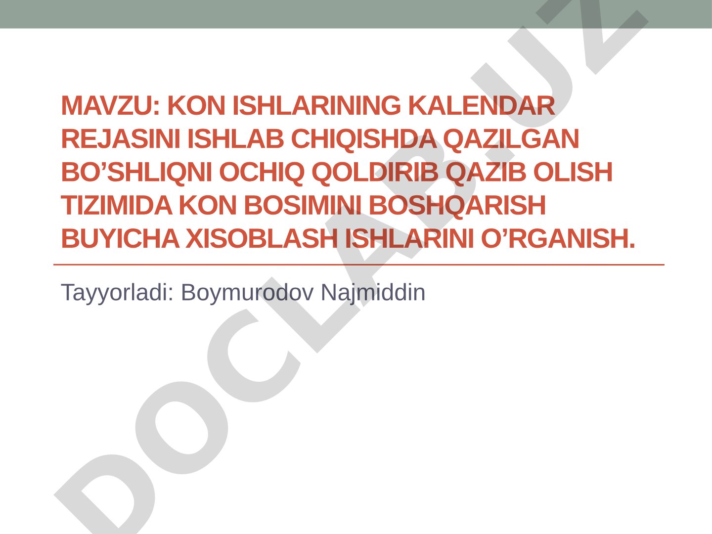 Kon ishlarining kalendar rejasini ishlab chiqishda qazilgan bo’shliqni ochiq qoldirib qazib olish tizimida kon bosimini boshqarish buyicha xisoblash ishlarini o’rganish