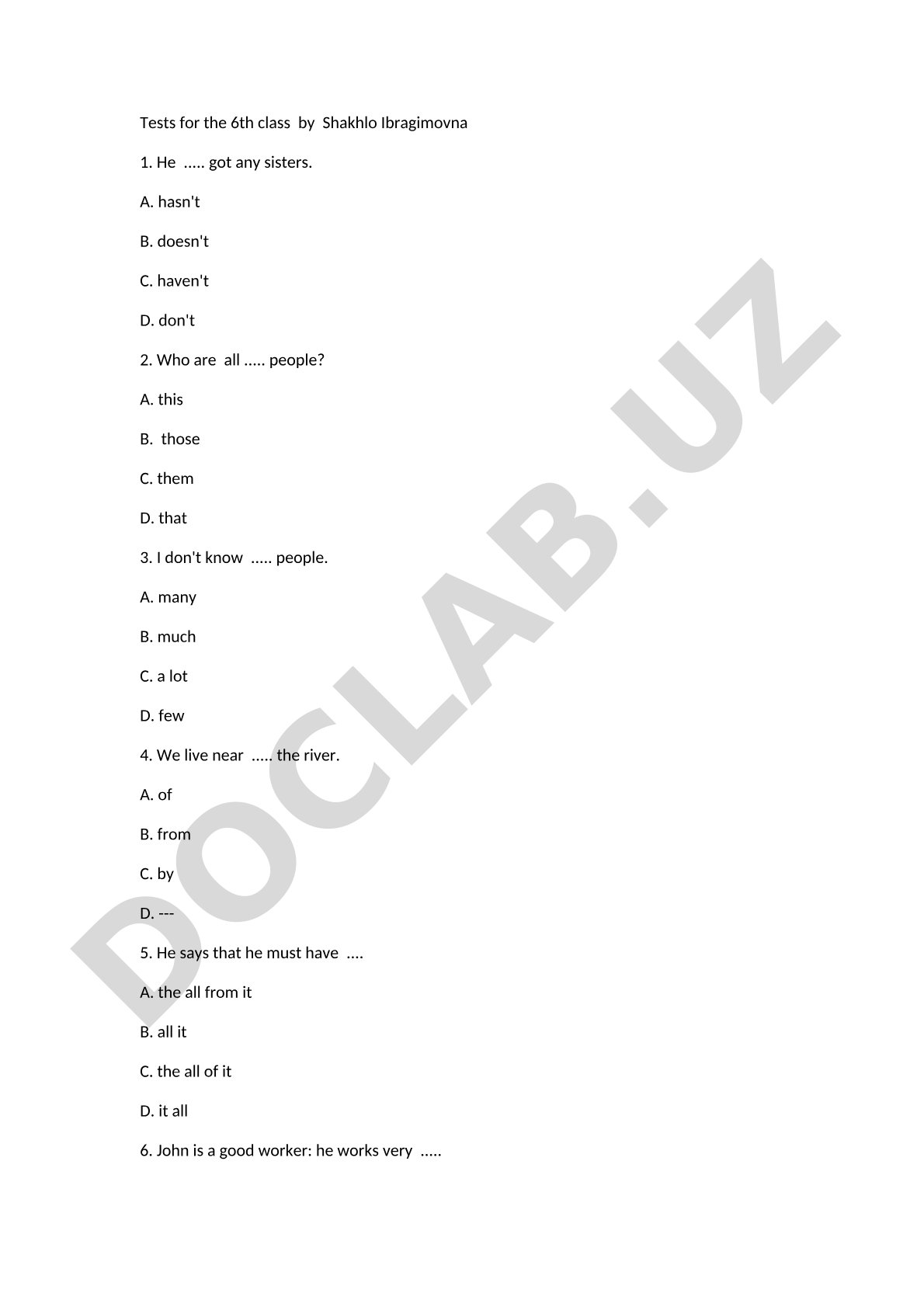 English Grammar Test for 6th Class
