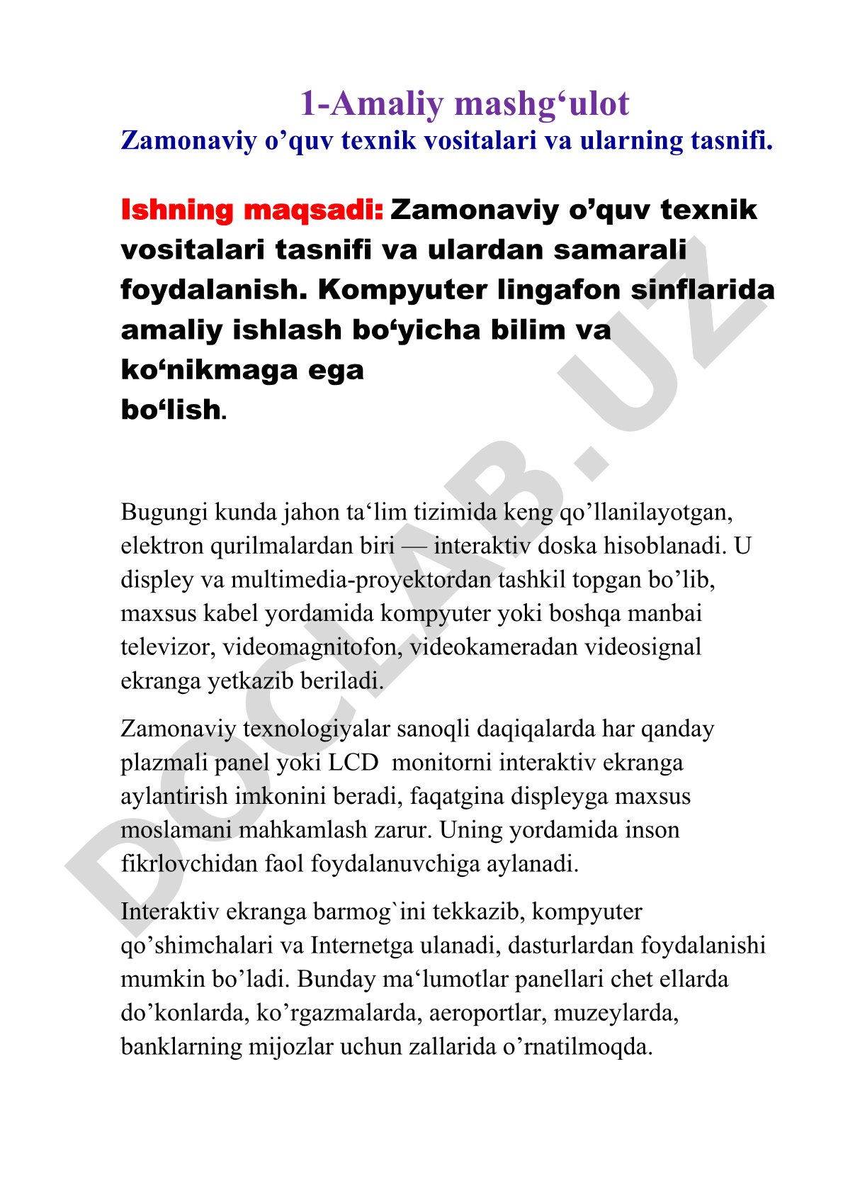 1-Amaliy mashg‘ulot Zamonaviy o’quv texnik vositalari va ularning tasnifi
