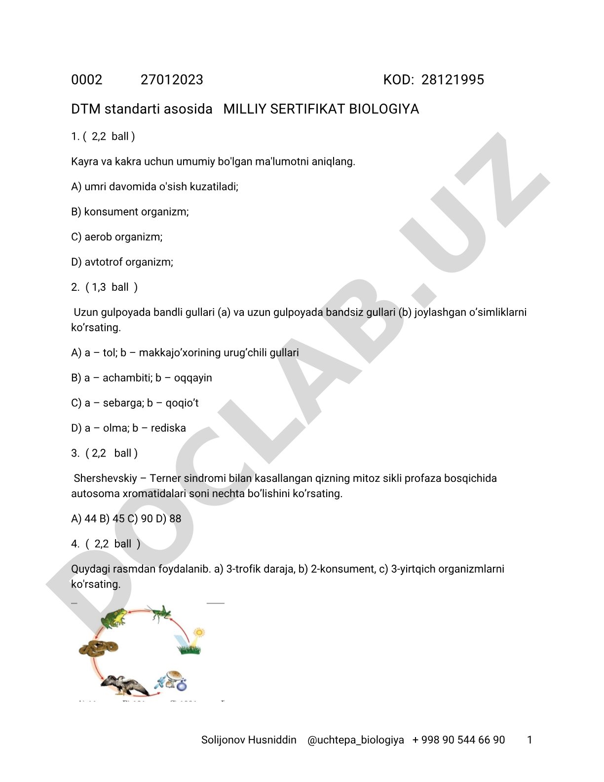 Biologiya fanidan test savollari