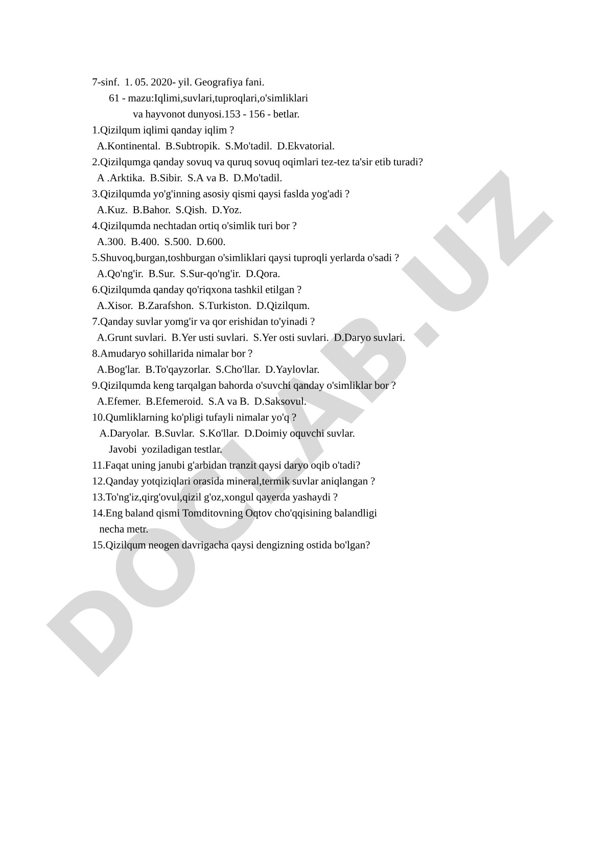 Qizilqum iqlimi, suvlari, tuproqlari, o'simliklari va hayvonot dunyosi