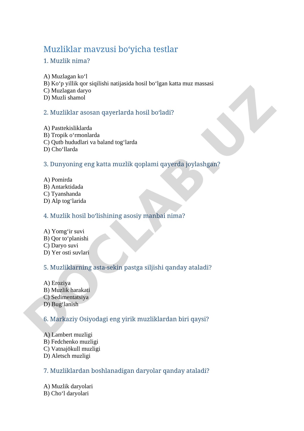 Muzliklar mavzusi bo'yicha testlar