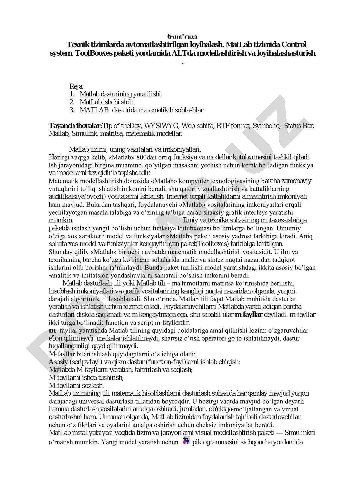 Texnik tizimlarda avtomatlashtirilgan loyihalash. MatLab tizimida Control System ToolBoxes paketi yordamida ALTda modellashtirish va loyihalash