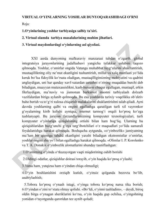 Virtual o'yinlarning yoshlar dunyoqarashidagi o'rni