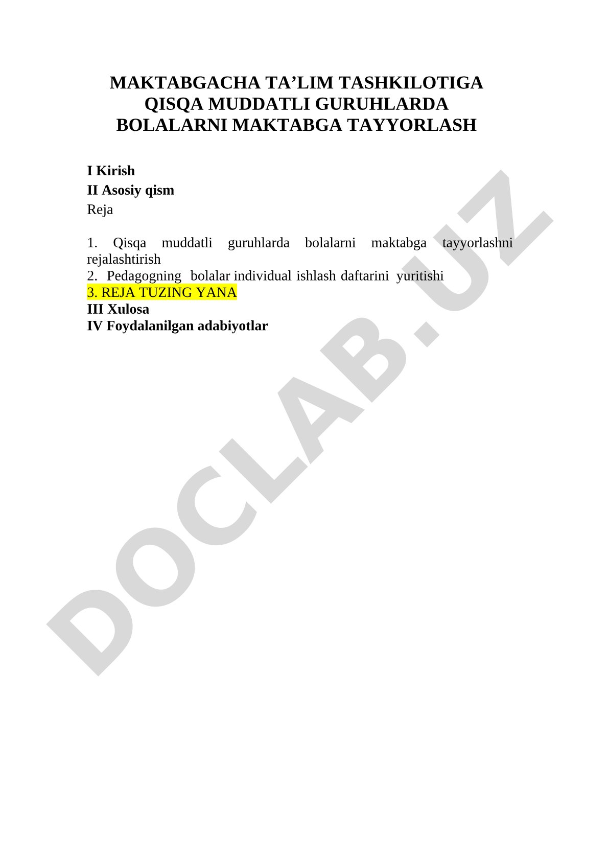 Maktabgacha ta’lim tashkilotiga qisqa muddatli guruhlarda bolalarni maktabga tayyorlash