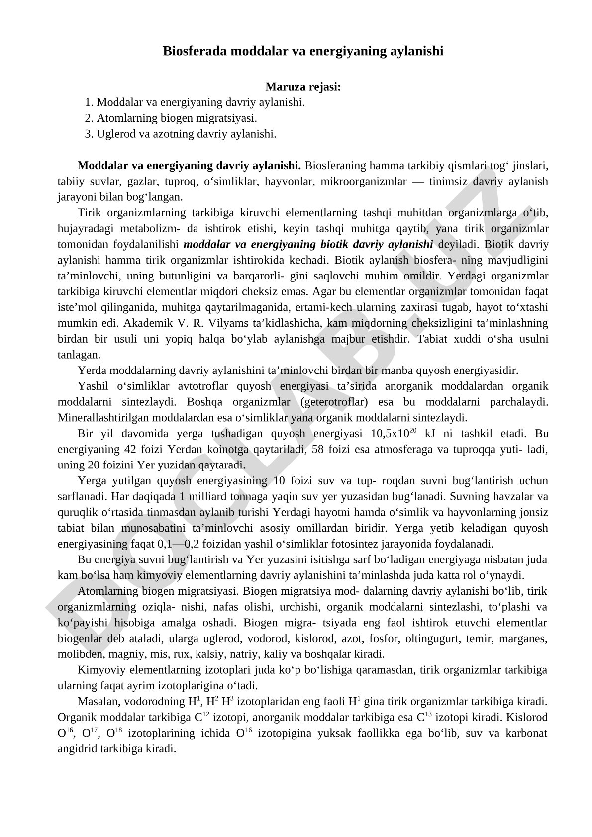 Biosferada moddalar va energiyaning aylanishi