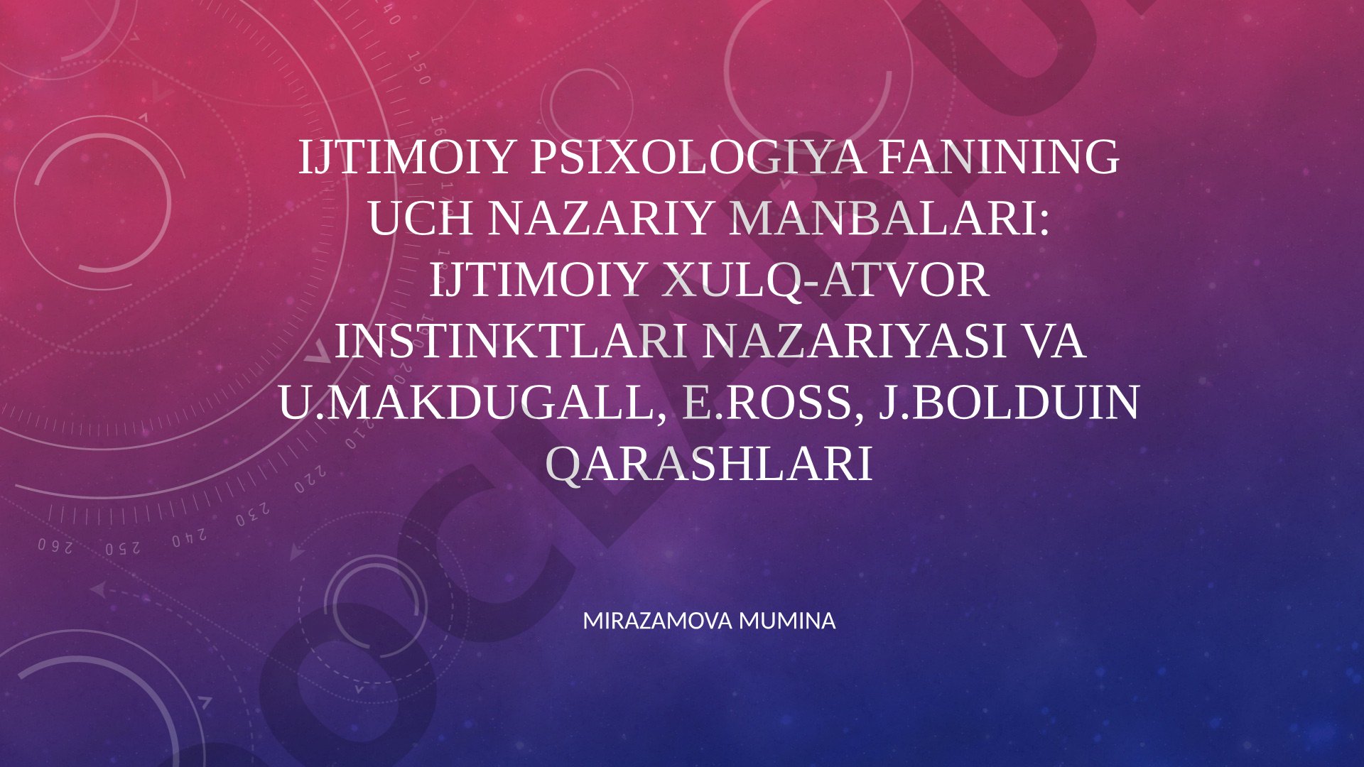 Ijtimoiy psixologiya fanining uch nazariy manbalari: ijtimoiy xulq-atvor instinktlari nazariyasi va U.Makdugall, E.Ross, J.Bolduin qarashlari