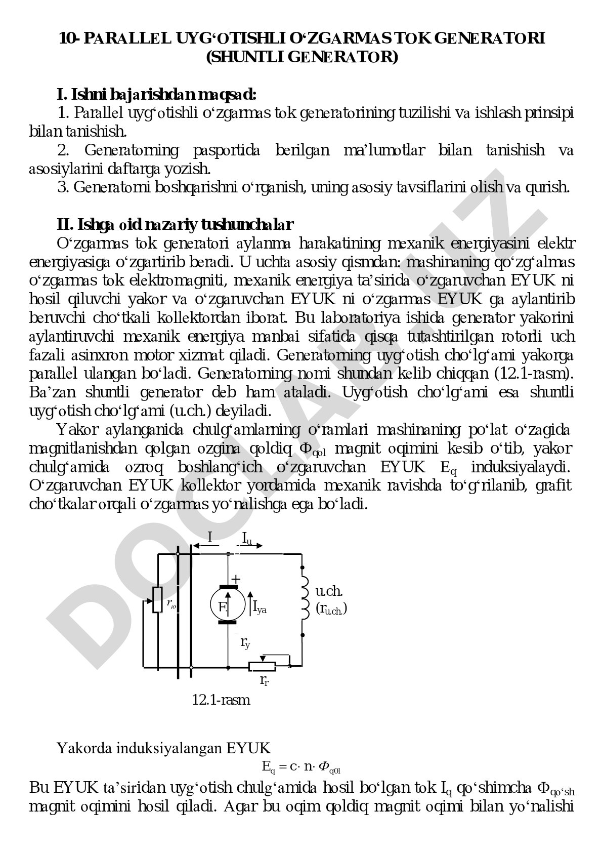 Parallel uyg‘otishli o‘zgarmas tok generatori (shuntli generator)