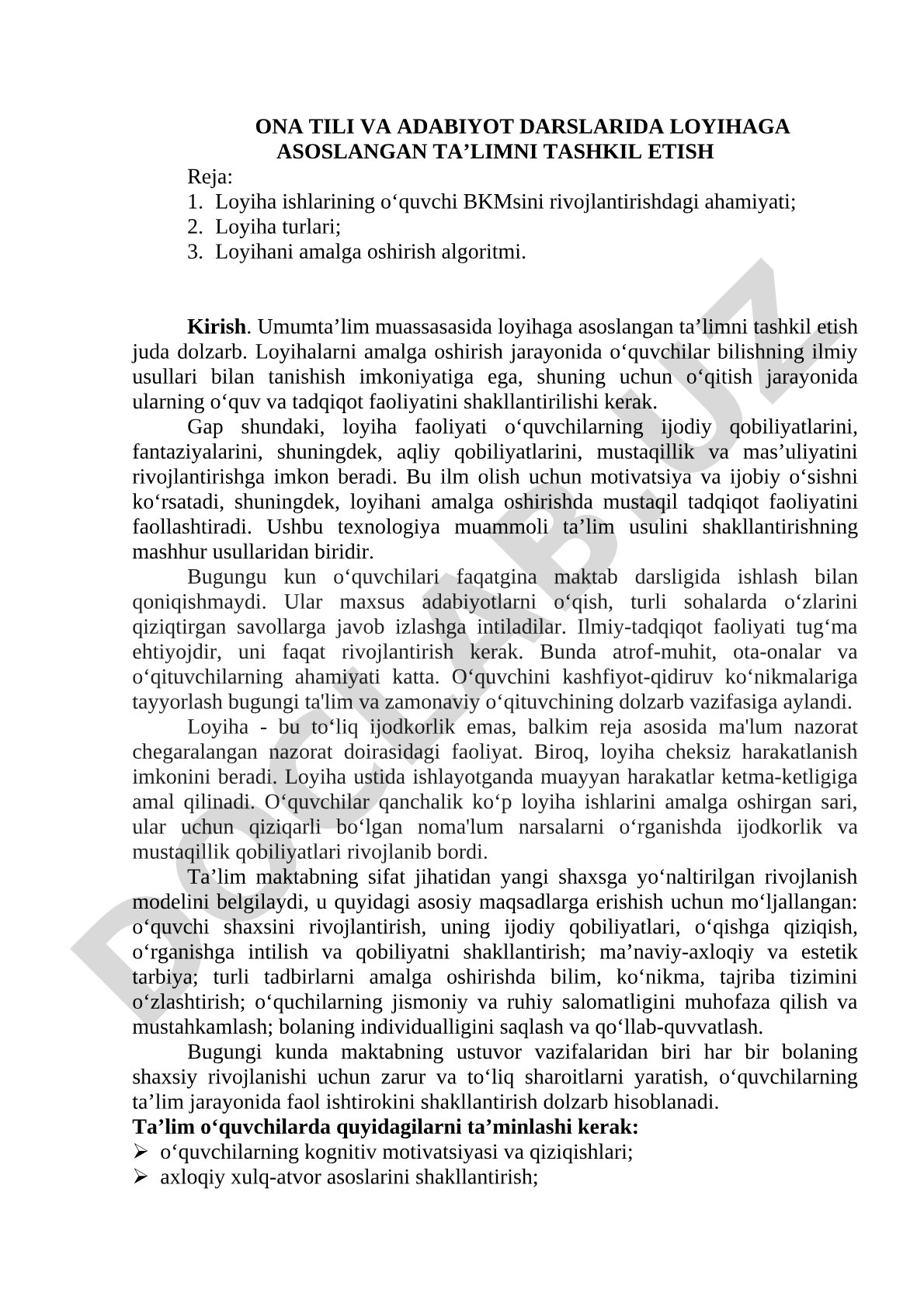 ONA TILI VA ADABIYOT DARSLARIDA LOYIHAGA ASOSLANGAN TA’LIMNI TASHKIL ETISH