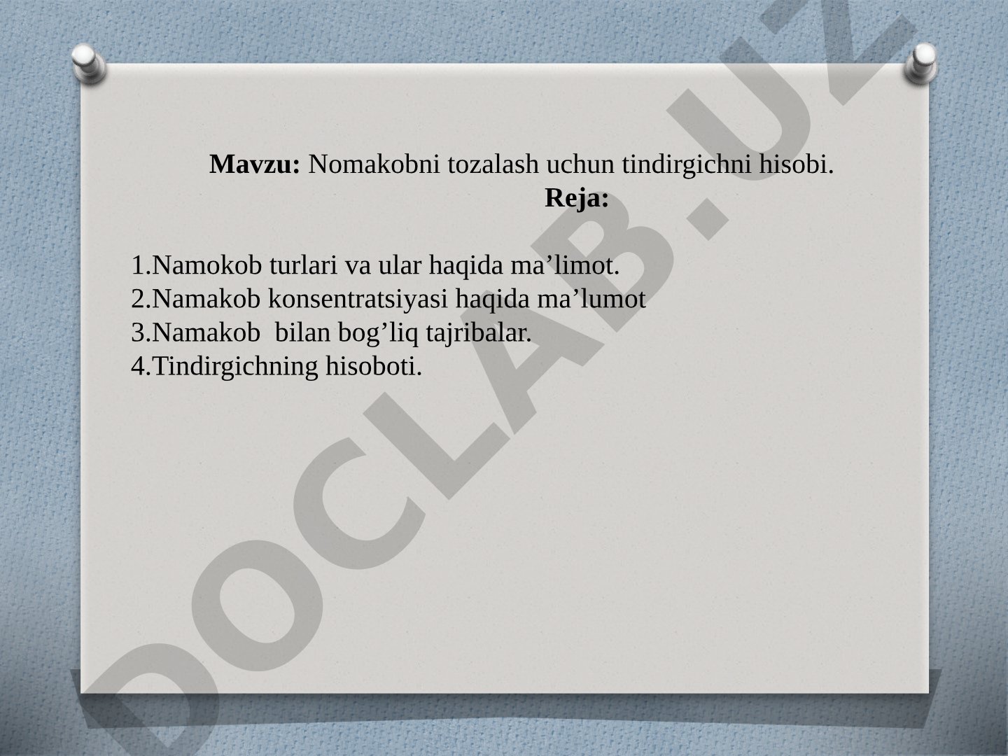 Nomakobni tozalash uchun tindirgichni hisobi