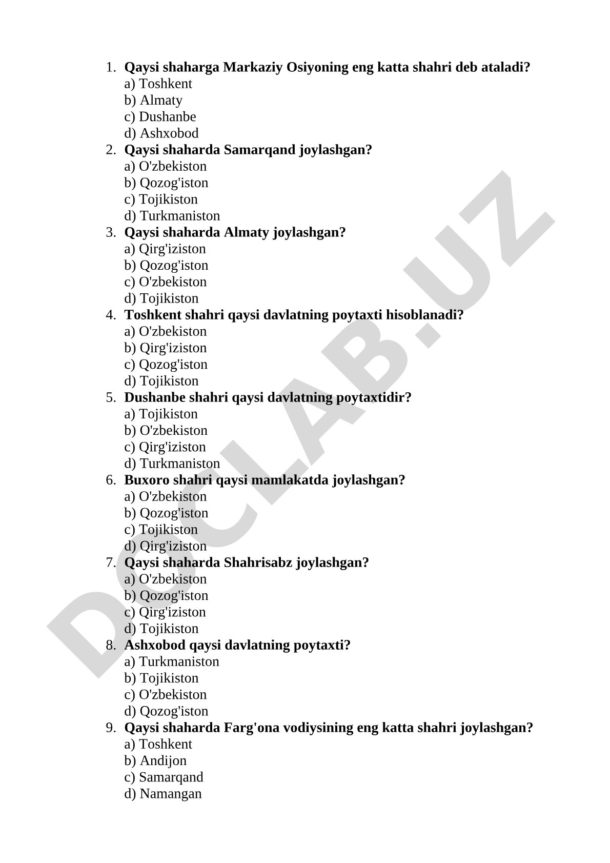 Markaziy Osiyo shaharlari va davlatlari bo'yicha test savollari