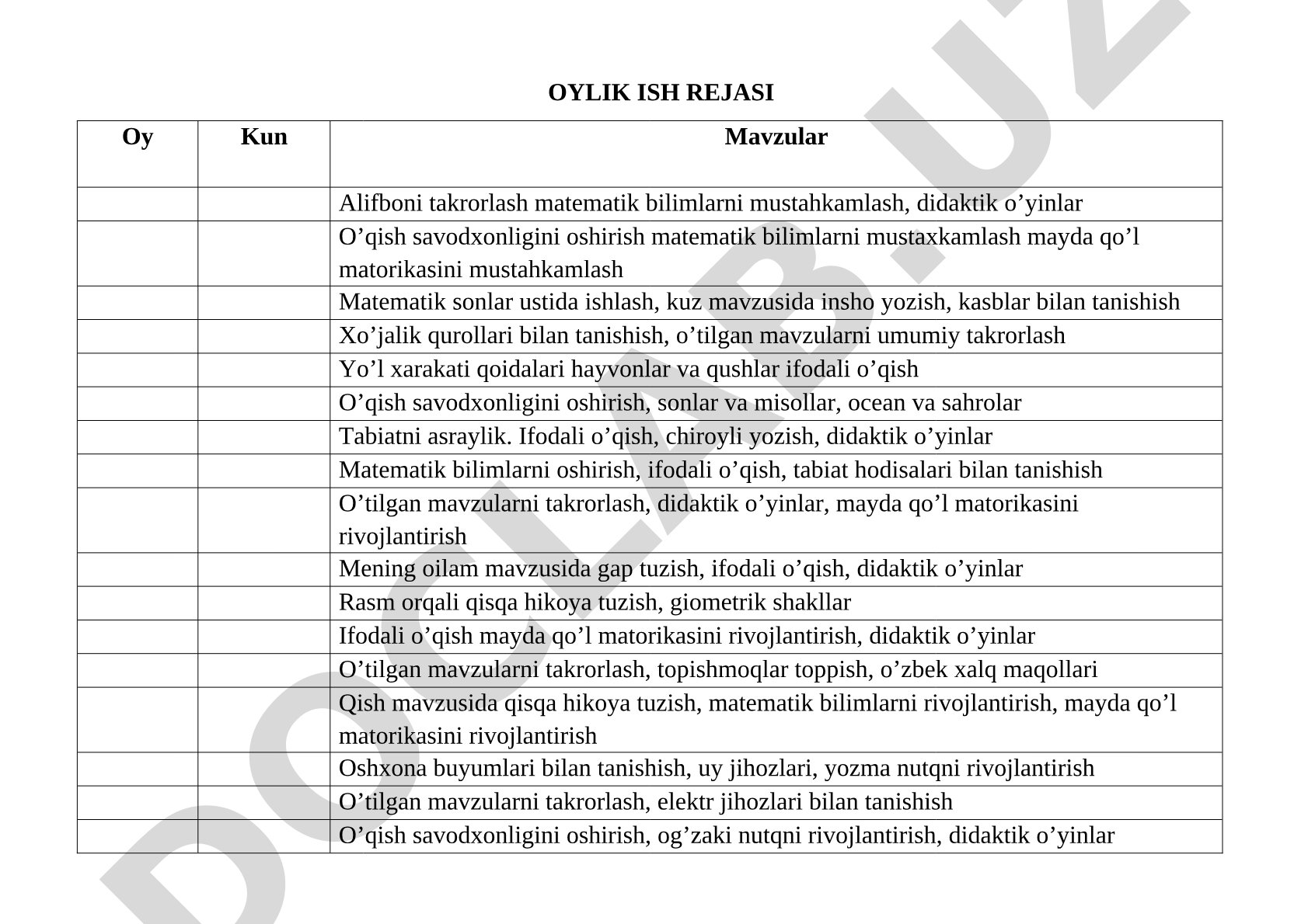 Boshlang'ich sinflar uchun oylik o'quv ish rejasi