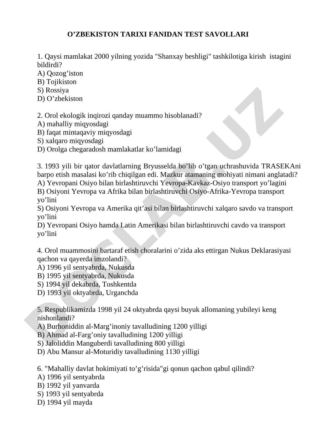 O'zbekiston tarixi fanidan test savollari